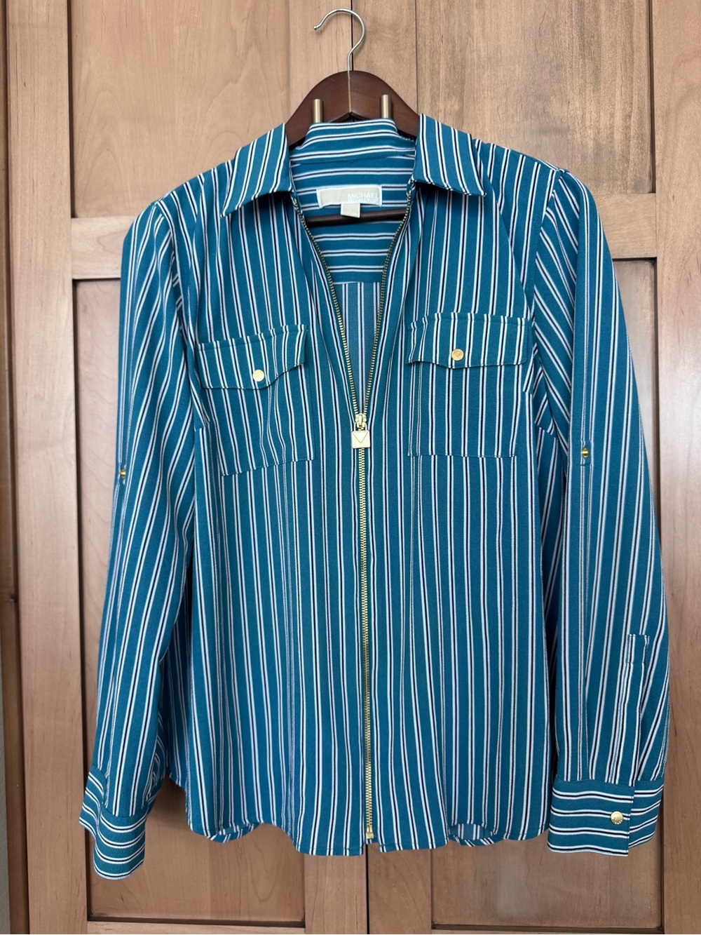Michael Kors Teal, White & Navy Striped Top